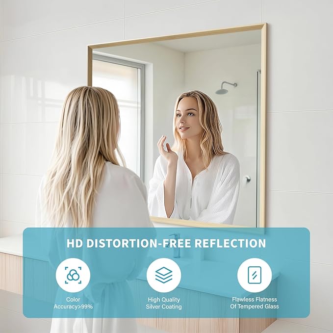 Oak Wood Effect Framed Wall Mirror, 36x36 Rectangle Mirror, Anti-desilvering Tempered Glass, Sustainable& Sturdy Frame, Farmhouse Mirror, Anti-Rust, 3min Fast Setup for Bathroom Living Room