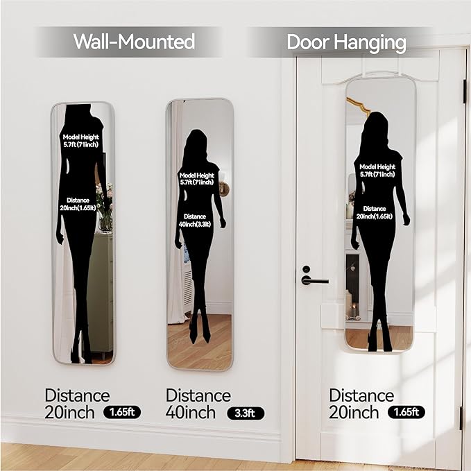 SCWF-GZ 47x14 Mirror Rectangle Full Body Length Door Hanging Wall Mounted Aluminum Alloy Metal Frame Dressing Make-up Mirrors for Entryway Bedroom Bathroom Living Room 47 14 inch Silver
