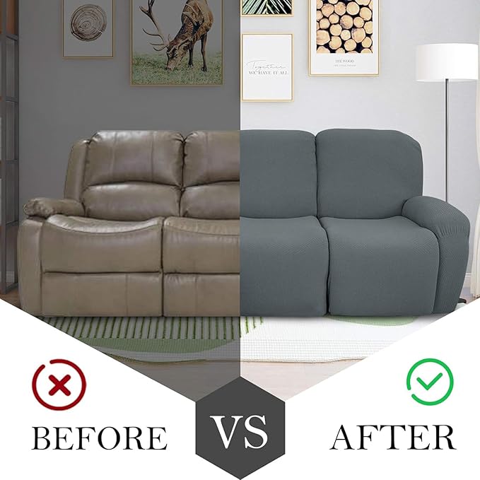 JIVINER 8-Piece Recliner Sofa Covers Stretch Jacquard Couch Covers for Recliner Slipcovers for Living Room 3 Cushion Soft Recliner Protector with Pocket (Sofa Recliner, Light Gray)