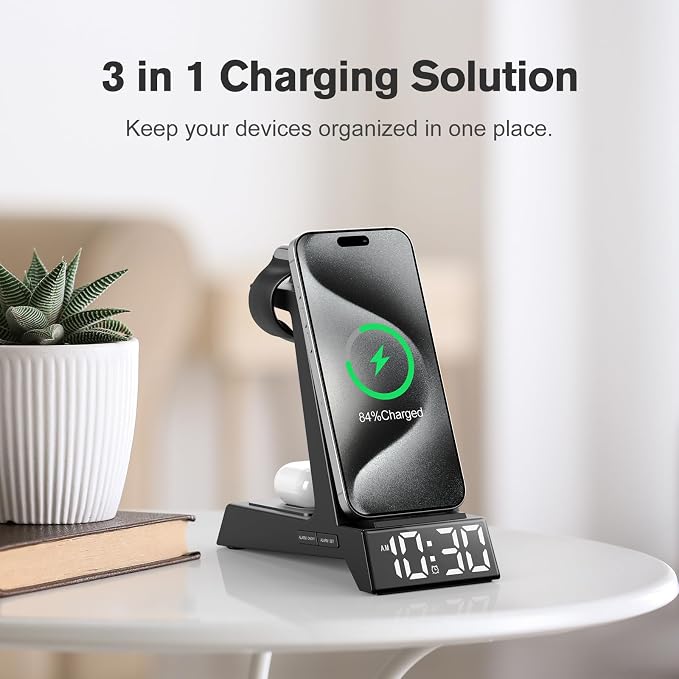 ANJANK 4 in 1 Wireless Charging Station Alarm Clock, Charging Dock for Apple Devices, Charger Stand for iPhone 17 Air 16 15 14 13 12 Series for Apple Watch 11 10 9 8 7 6 5 UItra/SE & AirPods, Dimmable - Image 2