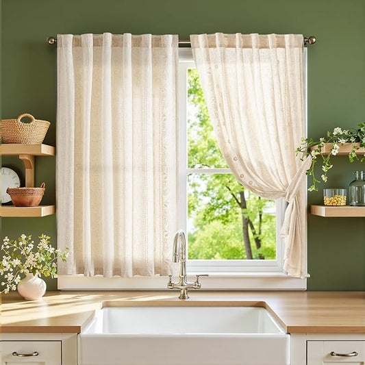 jinchan Winslow Linen Curtains 45 Inch Length Small Window Curtains Embroidered Bordered Floral Drapes Light Filtering for Bathroom Laundry Room Kitchen Farmhouse Decor White on Beige 2 Panels