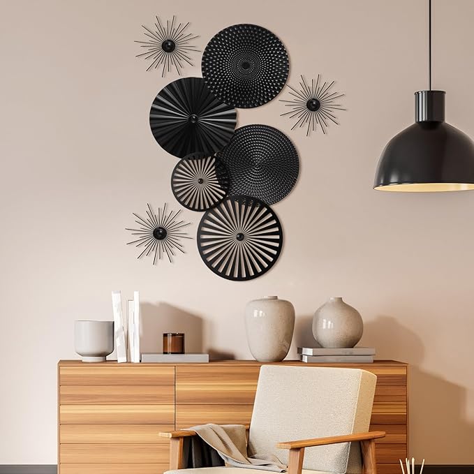Lingvee 8 Pcs Gold Wall Decor Modern Metal Decor Metal Starbursts Radial Plate Art Hanging Decorative Wall Decorations for Home Bedroom Bathroom Living Room Office Sculpture (Black)