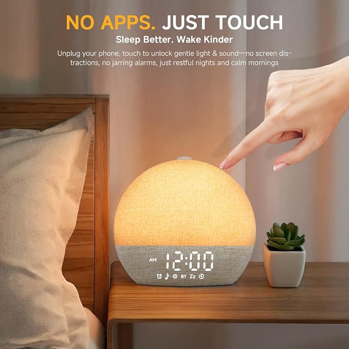 Geuuap Sunrise Alarm Clock White Noise Machine with Bluetooth Speaker,Khaki | 30 Soothing Sounds, 17 Dimmable lights, Simulated Sunrise, Backup Battery Memory, Auto-off Sleep Timer, Screen-Free Design - Image 8