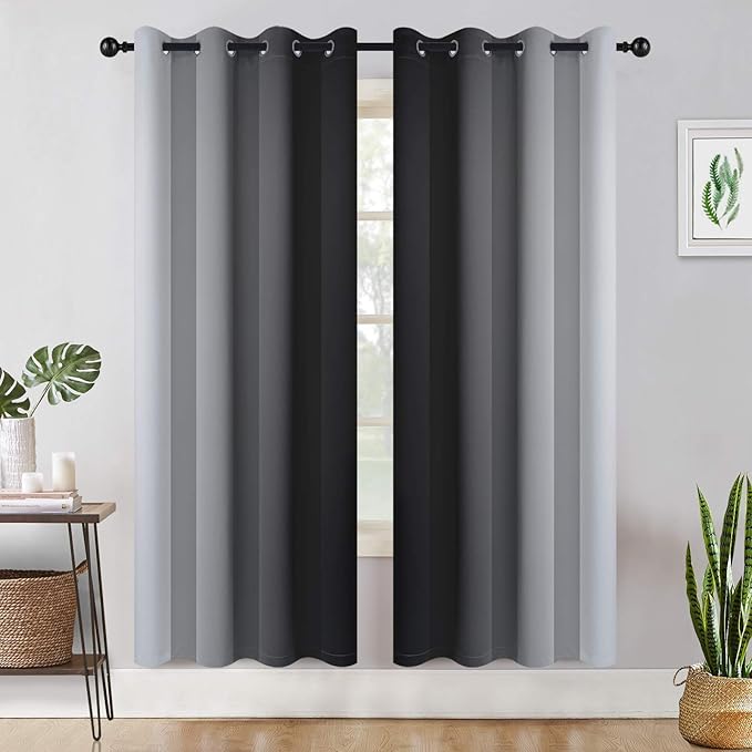 COSVIYA Grommet Ombre Room Darkening Curtains 72 inch Length 2 Panels, Black and Grayish White Gradient Drapes Light Blocking Insulated Thermal Window Curtains for Bedroom/Living Room,52x72 inches