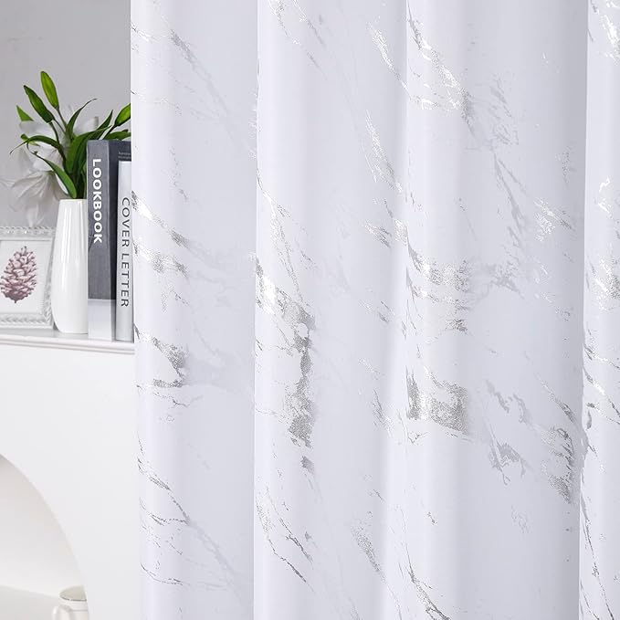 Taisier Home Silver Foil Print Linen Textured Curtains - Geometric Marble Pattern Design for Living Room - Light Filtering Window Treatment, 2 Panels, 72" L, White and Silver
