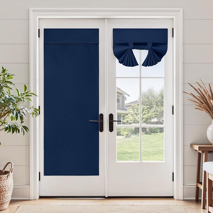HOMEIDEAS 100% Linen Blackout French Door Curtains, Privacy Door Window Curtains, 26 X 68 Inch Room Darkening Blinds, Thermal Insulated Shades for Bedroom, 1 Panel, Navy