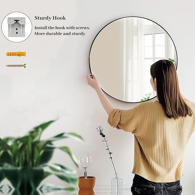 Sunniry Black Round Mirror, Round Mirror 24 inch, Black Circle Mirrors Metal Frame, Wall Mounted Mirrors for Living Room, Bathroom, Wall, Entryway.