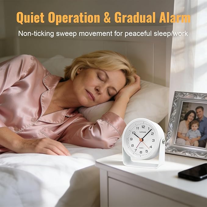 3.5 Inch Small Desk Alarm Clock, Battery Operated Analog Silent Clock with Night Light, Retro Vintage Metal Bedside Clock for Bedroom, Office, Bathroom, Dorm, Shelf, Table - White