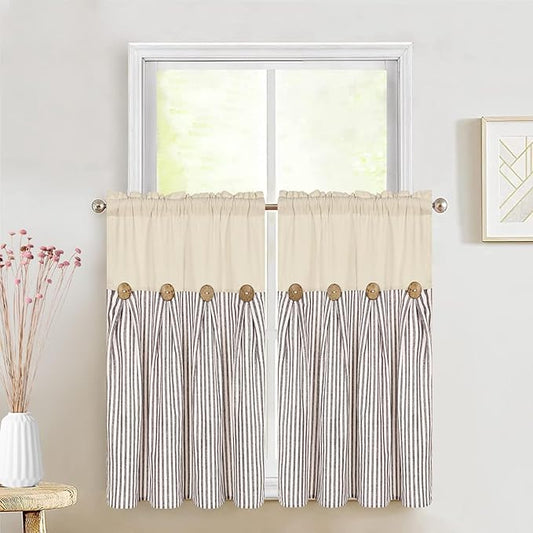 ASPMIZ Cotton Linen Kitchen Curtains 36 Inch Length, Farmhouse Rod Pocket Short Curtains for Window, Brown Stripe Small Window Curtain Boho Rustic Button Window Treatment Tiers for Bathroom, Cafe