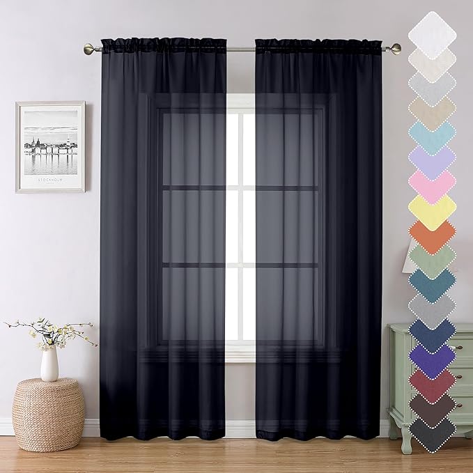Lecloud Black Sheer Curtains 84 Inches Long 2 Panels, Solid Voile Light Filtering Airy Window Treatments for Living Room Bedroom, Lightweight Breathable Drapes with Dual Rod Pocket, 40" W x 84" L