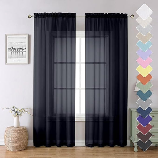 Lecloud Black Sheer Curtains 84 Inches Long 2 Panels, Solid Voile Light Filtering Airy Window Treatments for Living Room Bedroom, Lightweight Breathable Drapes with Dual Rod Pocket, 40" W x 84" L
