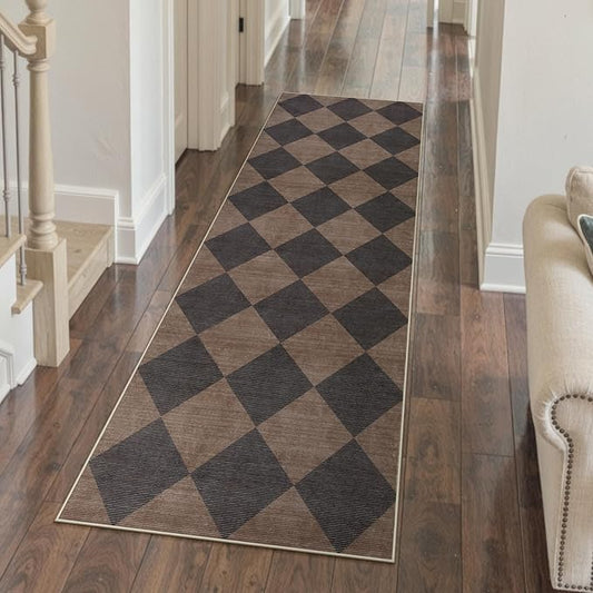 Beeiva Checkered Print Hallway Runner Rug 2x6, Moroccan Kitchen Runner Rugs Non Skid Washable 6ft Ultra Thin Stain Resistant Entryway Decor, Diamond Gingham Alfombra for Bathroom Laundry (Brown/Black)