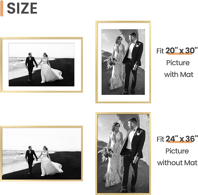upsimples 24x36 Poster Frame, Display Pictures 20x30 with Mat or 24x36 Without Mat, Wall Hanging Picture Frame, Gold, 1 Pack