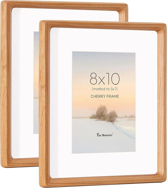 8x10 Picture Frame Set of 2, USA-Sourced Cherry Wood Photo Frame with HD Tempered Glass, Handcrafted Rounded Corner 8 x 10 Wooden Frames Matted to 5x7 Photos, 8x10 Frames, Tabletop or Wall Display