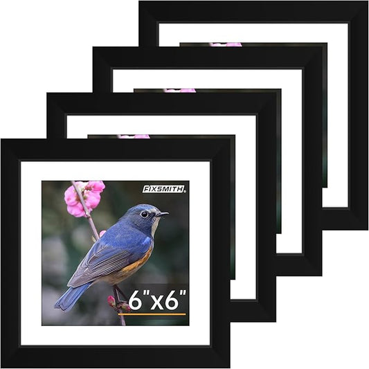 FIXSMITH 6x6 Picture Frame Set of 4, Photo Frame with HD Plexiglass, Display Pictures 4x4 with Mat or 6x6 Without Mat Multi Picture Frames Collage for Tabletop or Wall Display, Black