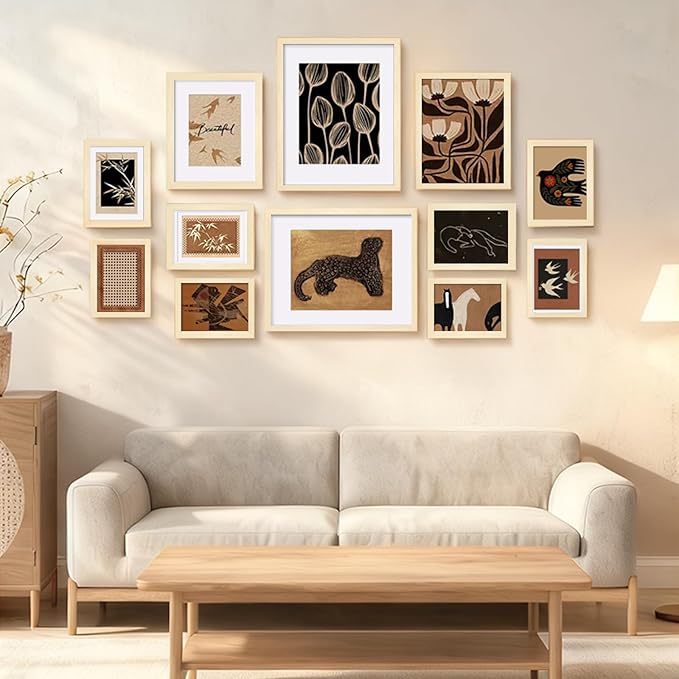 Egofine Picture Frame Set 12 Pack, Picture Frames Collage Wall Decor with Two 11x14, Two 8x10, Four 5x7, Four 4x6 for Wall and Tabletop, Made of Solid Wood, Covered by Plexiglass, Natural Wood