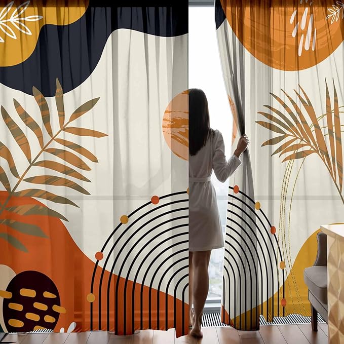 Colorful Boho Curtains Mid Century Modern Semi Sheer Curtains 52X96 Inch Abstract Leaves Retro Rainbow Living Room Curtain 2Pc Fun Geometric Drapes Yellow Plant Window Curtain for Bedroom