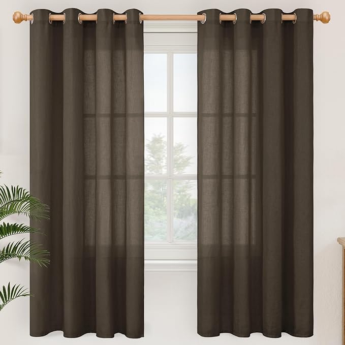 YoungsTex Brown Linen Semi Sheer Curtains 72 Inch Length for Living Room, Chocolate Light Filtering Drapes Privacy with Grommet for Dining Room Bedroom, 2 Panels, 52 X 72 Inch
