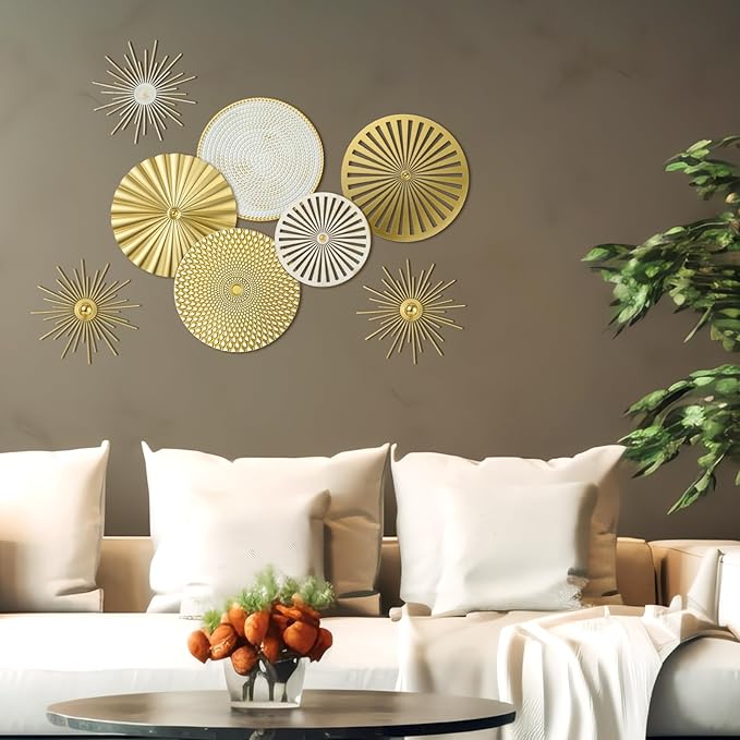 Lingvee 8 Pcs Gold Wall Decor Modern Metal Decor Metal Starbursts Radial Plate Art Hanging Decorative Wall Decorations for Home Bedroom Bathroom Living Room Office Sculpture (Gold, White)