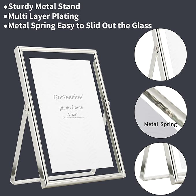 6x8''Premium Silver Metal Floating Picture Frame Set of 2,For Photo Sizes (3.5x5''4x6''5x7''),Classy Flaoting Frames for Wedding & Home Decor,Easy Glass Replacement with Spring - Loaded Mechanism