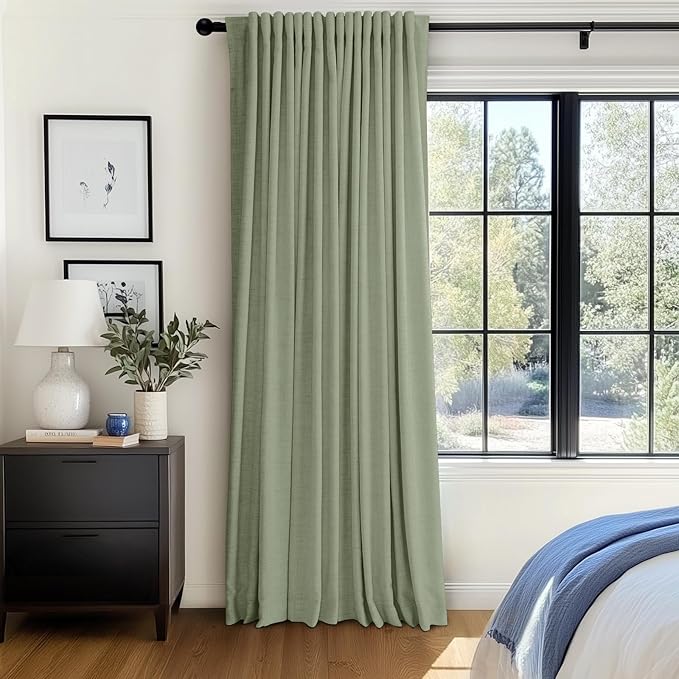 100% Blackout Shield Linen Blackout Curtains for Bedroom 84 Inches Long, Back Tab/Rod Pocket Living Room Drapes, Thermal Insulated Blackout Curtains 1 Panel Set, 100" W x 84" L, Sage