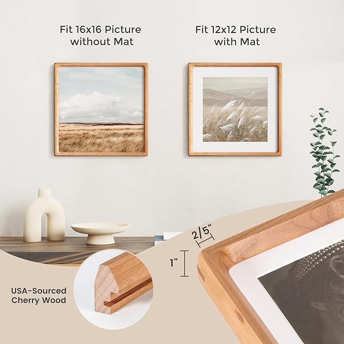 16x16 Picture Frame, USA-Sourced Cherry Wood Photo Frames with HD Tempered Glass, Handcrafted Rounded Corner 16 x 16 Wooden Frames Matted to 12x12 Photos, 16x16 Frame, Tabletop or Wall Display