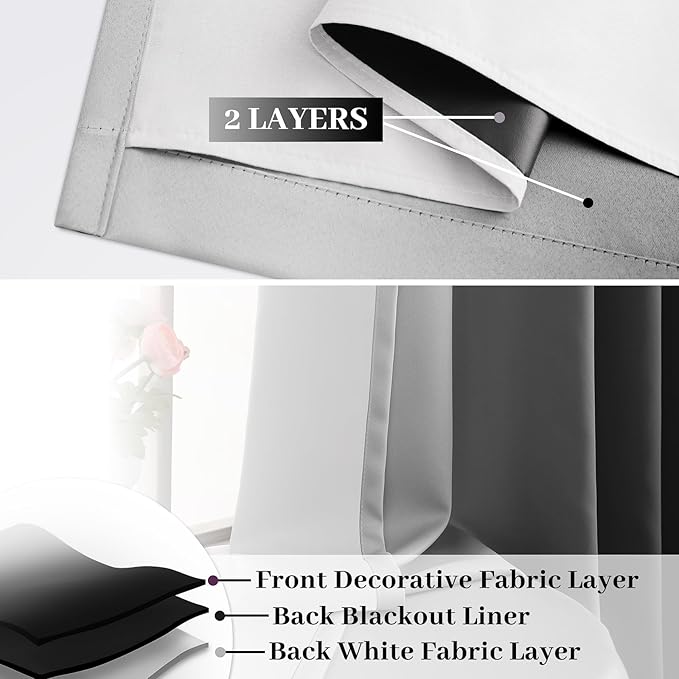 COSVIYA 100% Blackout Curtains for Bedroom with White Back, Double Layer Thermal Insulated Noise Reducing Grommet Window Curtains(52x90 Inch, Black and Greyish White, 2 Panels)