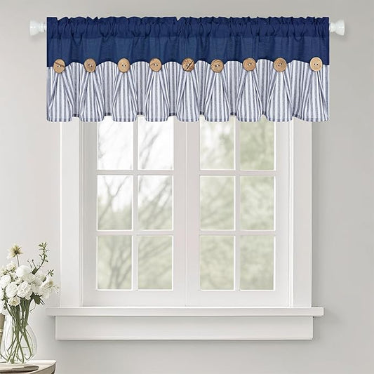 ASPMIZ Farmhouse Cotton Linen Valances for Windows, Boho Kitchen Curtains Valances with Rustic Button, Blue Striped Valance Window Topper Treatment Tiers, Window Valances for Bathroom, 60 x 14 Inch
