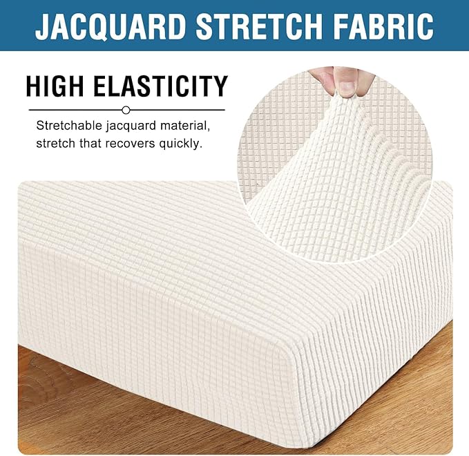 H.VERSAILTEX Super Stretch Individual Seat Cushion Covers - Sofa & Couch Cushion Slipcover Sets - Thick Jacquard Textured Twill Fabric (3 Piece XL, Porcelain White)