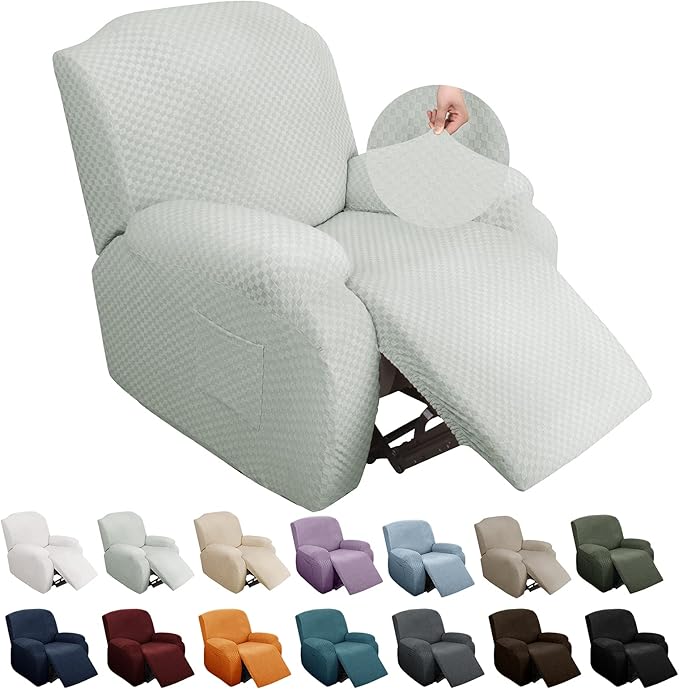 YEMYHOM 4 Pieces Stretch Recliner Slipcover Latest Jacquard Recliner Chair Cover with Side Pocket Anti-Slip Fitted Recliner Cover Couch Furniture Protector with Elastic Bottom (Recliner, Ivory)
