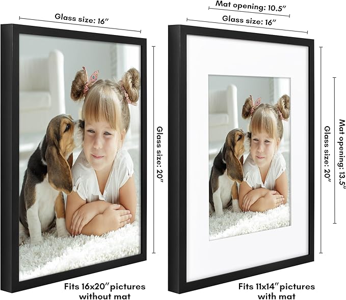 Americanflat 16x20 Picture Frame with Polished Plexiglass - Use as 11x14 Frame with Mat or Display 16x20 Photo Without Mat - Soho Collection - Deep Molding Picture Frames for Wall Display - Black