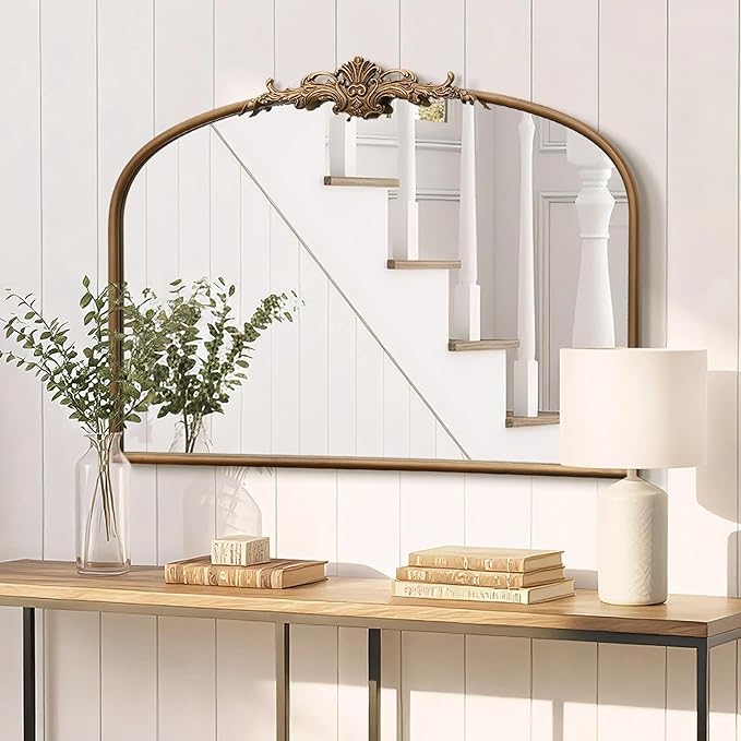 Besdomus Vintage Arched Gold Mirror: 32"x24" French Large Vintage Vanity Wall Mirror - Baroque Decorative Traditional Ornate for Bedroom/Fireplace/Bathroom/Hallway - Wall Decor for Fashion-Conscious