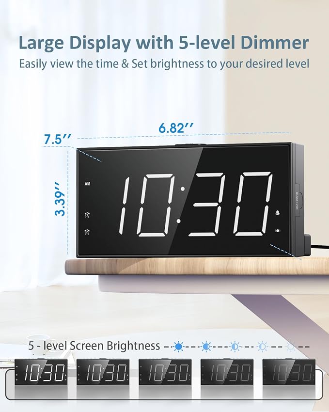 Alarm Clock for Heavy Sleepers with Bed Shaker, Vibrating Alarm Clock | Dual Alarms, USB Charger, 7.5" Large LED Display, 5 Dimmer, Snooze, 12/24H &DST, Plug in Clock with Memory Function - Image 4