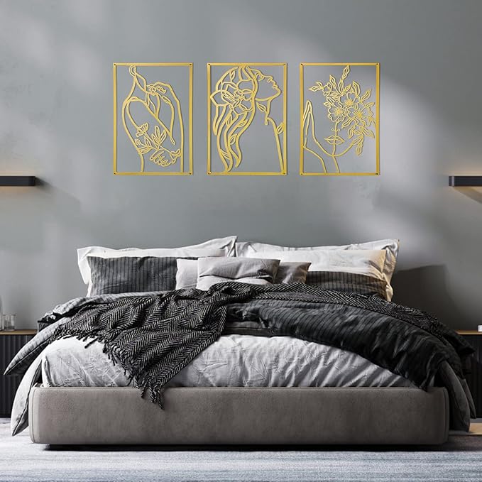 AGIOTA 3 Pcs Gold Wall Decor Above Bed Minimalist for Living Room Metal Line Art - Female Body, Gold Room Decor for Bedroom Modern Wall Art for Indoor 15inch