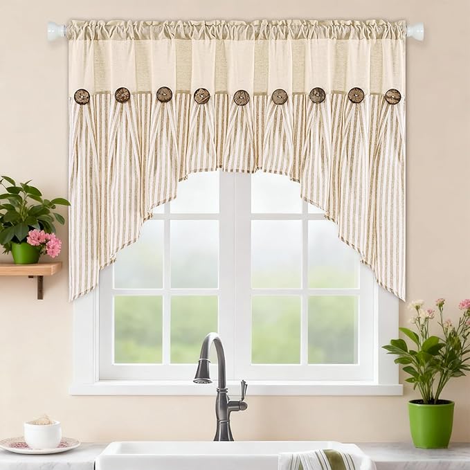 ASPMIZ Farmhouse Cotton Linen Swag Valances for Windows, Boho Kitchen Curtains Valances with Rustic Buttons, Khaki Striped Window Treatments Curtain Valance for Bathroom Cafe, 61 x 36 Inch, 1 Panel
