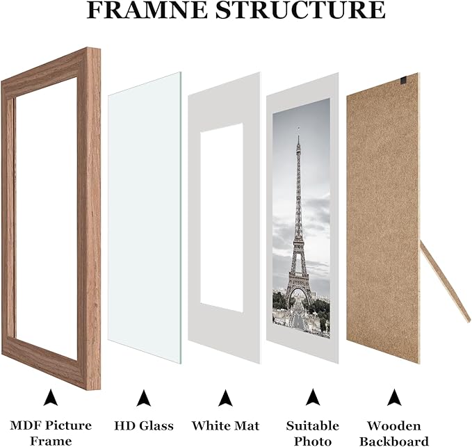 Picture Frames, Made of Real Glass and Wooden Frame, Gallery Photo Frames Set of 10 for Collage Wall Decor, Multi Sizes Including 8x10, 5x7, 4x6 for Mounting or Tabletop Display, Light Brown