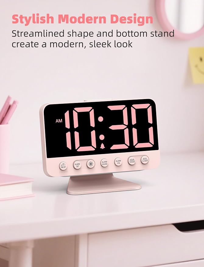 Odokee Digital Alarm Clocks for Bedrooms with Large Bold Number | Pink Alarm Clock with 8 Night Lights & Dimmable Display - Cute Alarm Clock with 5 Sounds for Girls Teens Kids - Sakura Pink - Image 8