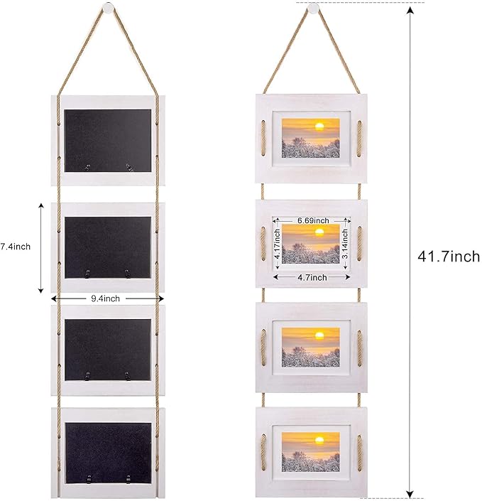 DLQuarts 5x7 Hanging Picture Frames Collage Wall Decor, 4-Opening 5x7 Matted to 3.5x5 Photo Rustic Wood Frame with Hemp Rope, 1 Pack, Vintage White