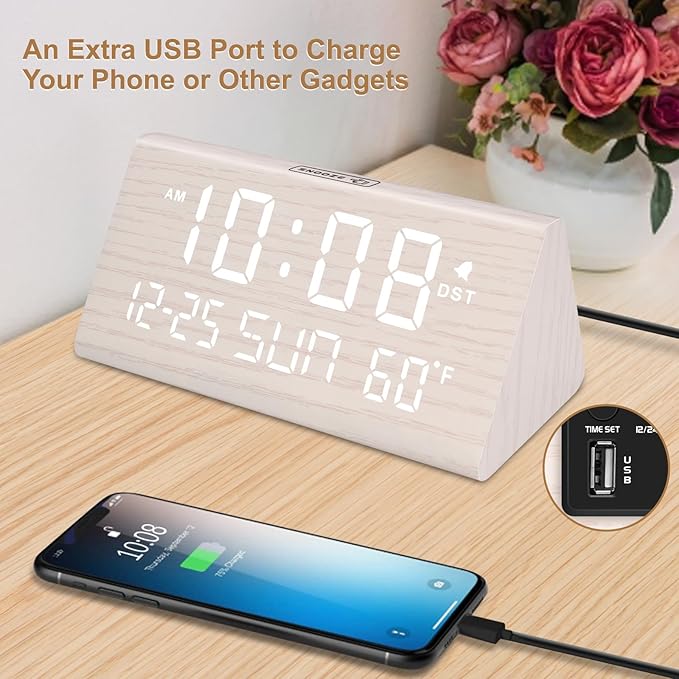 DreamSky Digital Alarm Clocks for Bedrooms - Wooden Desk Clock with Date, Day of Week, USB Port, Temperature, Dimmer for Bedside Table, Living Room, Office, Adjustable Volume, Auto DST, Wood Decor