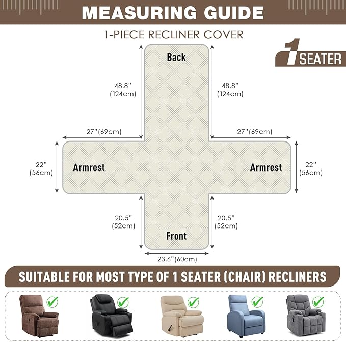 TAOCOCO 100% Waterproof Recliner Chair Cover, Non Slip Recliner Covers for Recliner Chair with Pocket, Washable Reclining Chair Cover Furniture Protector for Kids,Dogs(23.6'', Gray Taupe)