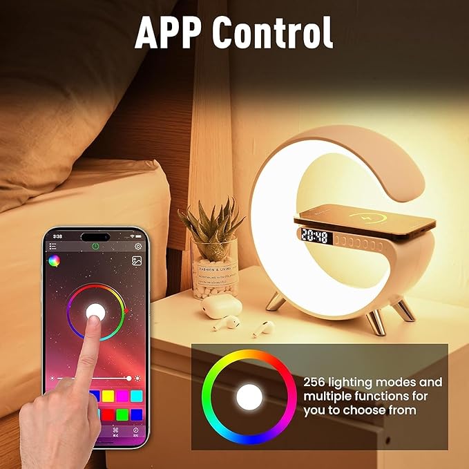 Smart LED Table Lamp, 4-in-1 Wireless Charger, Night Light, Alarm Clock, and Bluetooth Speaker with App Control for Bedroom, Office, and Home Decor (White)