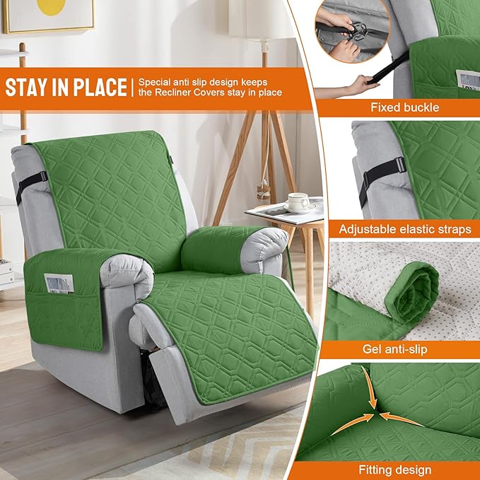 VANSOFY 100% Waterproof Recliner Chair Covers, Recliner Cover Non-Slip Dog Chair Cover Furniture Protector Washable Slipcover with Pocket, Elastic Straps for Pets, Dogs(Vine Green, 22")