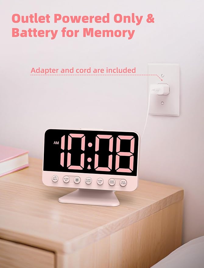 Odokee Digital Alarm Clocks for Bedrooms with Large Bold Number | Pink Alarm Clock with 8 Night Lights & Dimmable Display - Cute Alarm Clock with 5 Sounds for Girls Teens Kids - Sakura Pink - Image 7