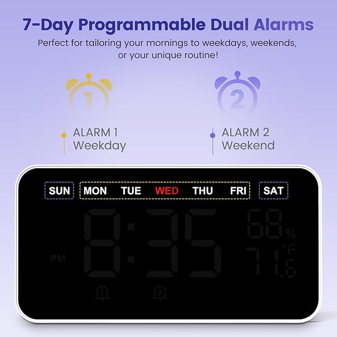 Dekala Bed Shaker Loud Alarm Clock for Heavy Sleepers Adults, Vibrating Dual Alarm Clocks for Bedrooms, Large Display Auto Dimmer,Temperature & Humidity Detect, 7-Day Programmable, Ideal Gift - Image 4