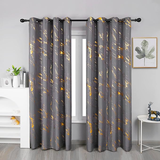 Taisier Home Gold Foil Print Linen Textured Curtains Geometric Marble Pattern Design Curtains for Dollhouse Light Filtering Window Treatment 2 Panels 63" L,Soft Grey and Gold Print