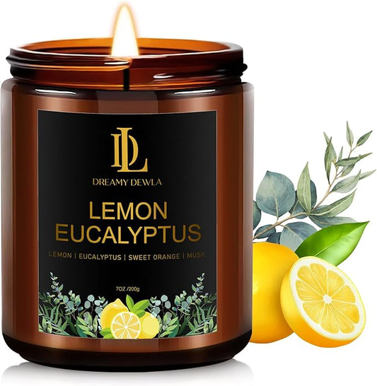 Lemon Eucalyptus Scented Candle, Soy Candles for Home Scented, Amber Jar Candles Gifts for Men Women, 7oz