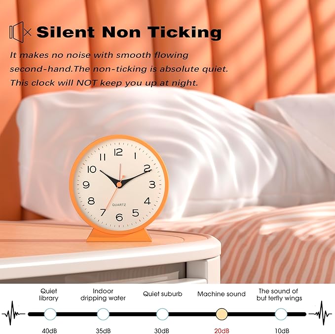 AYRELY?? 4.5" Analog Alarm Clock,Small Retro Desk Clock Battery Operated,Slient Metal Table Clock with Light for Living Room Decor,Bedroom,Bedside,Shelf (Orange-Yellow)