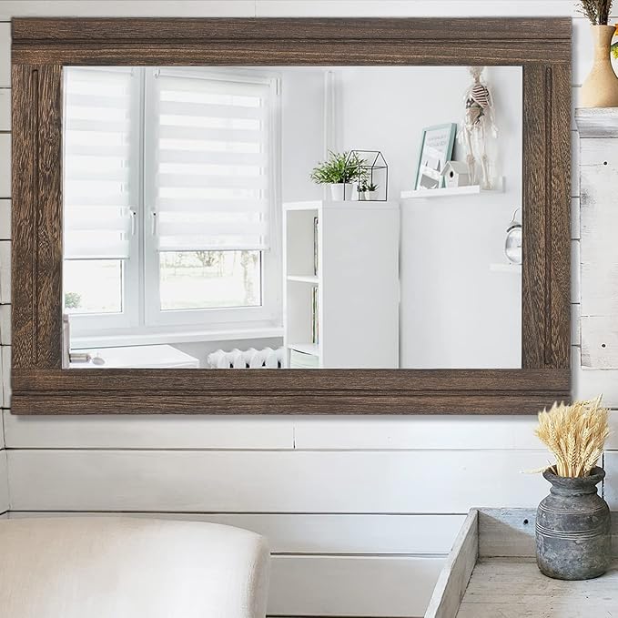 AAZZKANG Rustic Wood Mirror Rectangle Decorative Wall Hanging Mirrors with Frame Large 28"x20" for Bedroom Living Room Bathroom Home Entryway
