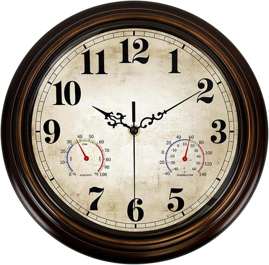 Vintage Wall Clock 13 Inch Quartz Silent Non-Ticking Analog Clock with Thermometer and Hygrometer, Battery Operated Rustic Round Decorative Clock for Living Room Home Office Classroom