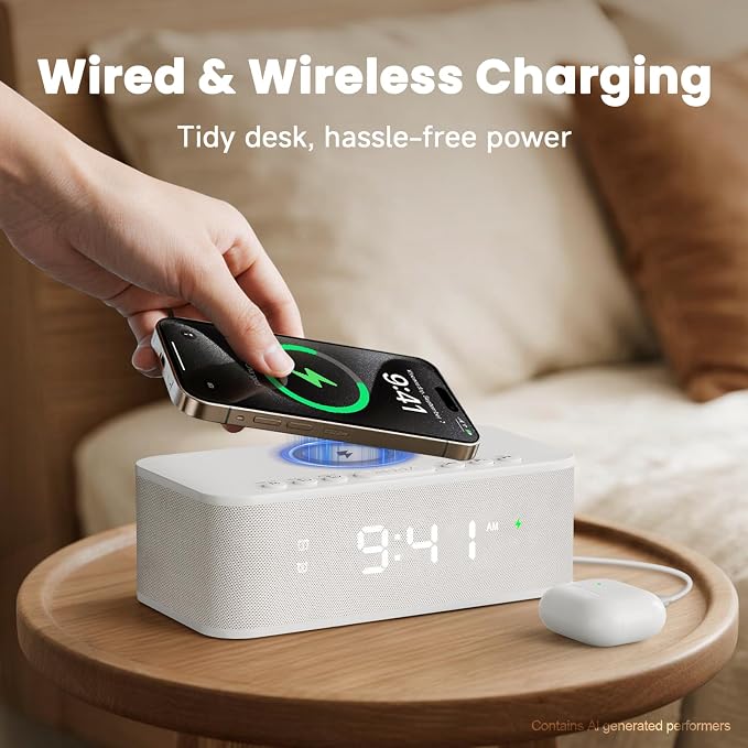 Digital Alarm Clock White Noise, Loud Digital Alarm Clocks Bedrooms, Alarm Clock Speaker Wireless Charger AUX USB Bluetooth Speaker 12/24H Dual Alarm Snooze Adjustable Brightness, White - Image 3